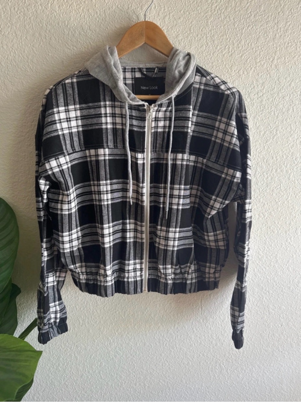 New Look Black & White Plaid Hooded Bomber Jacket